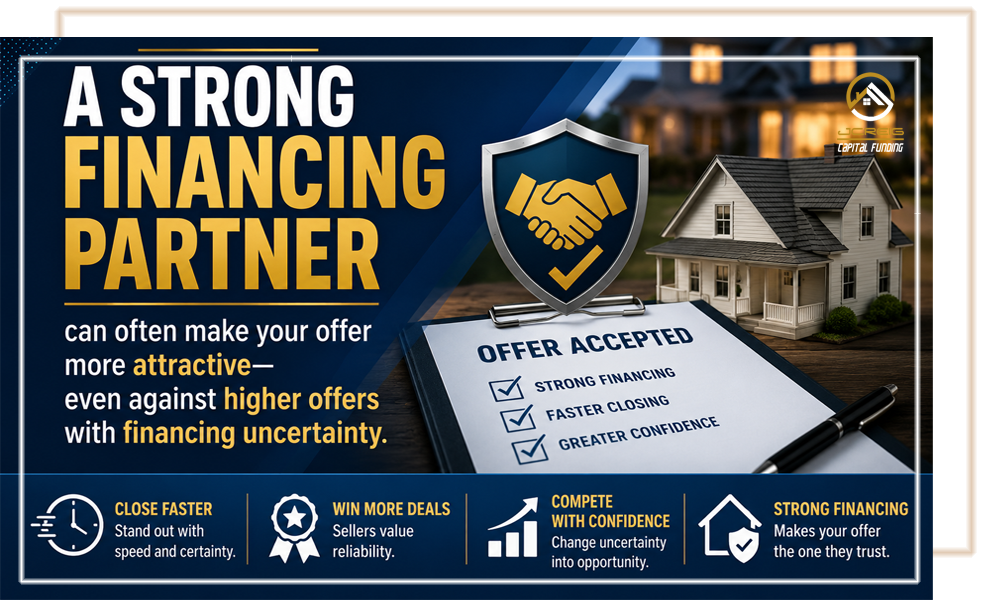 A strong financing partner can often make your offer more attractive—even against higher offers with financing uncertainty